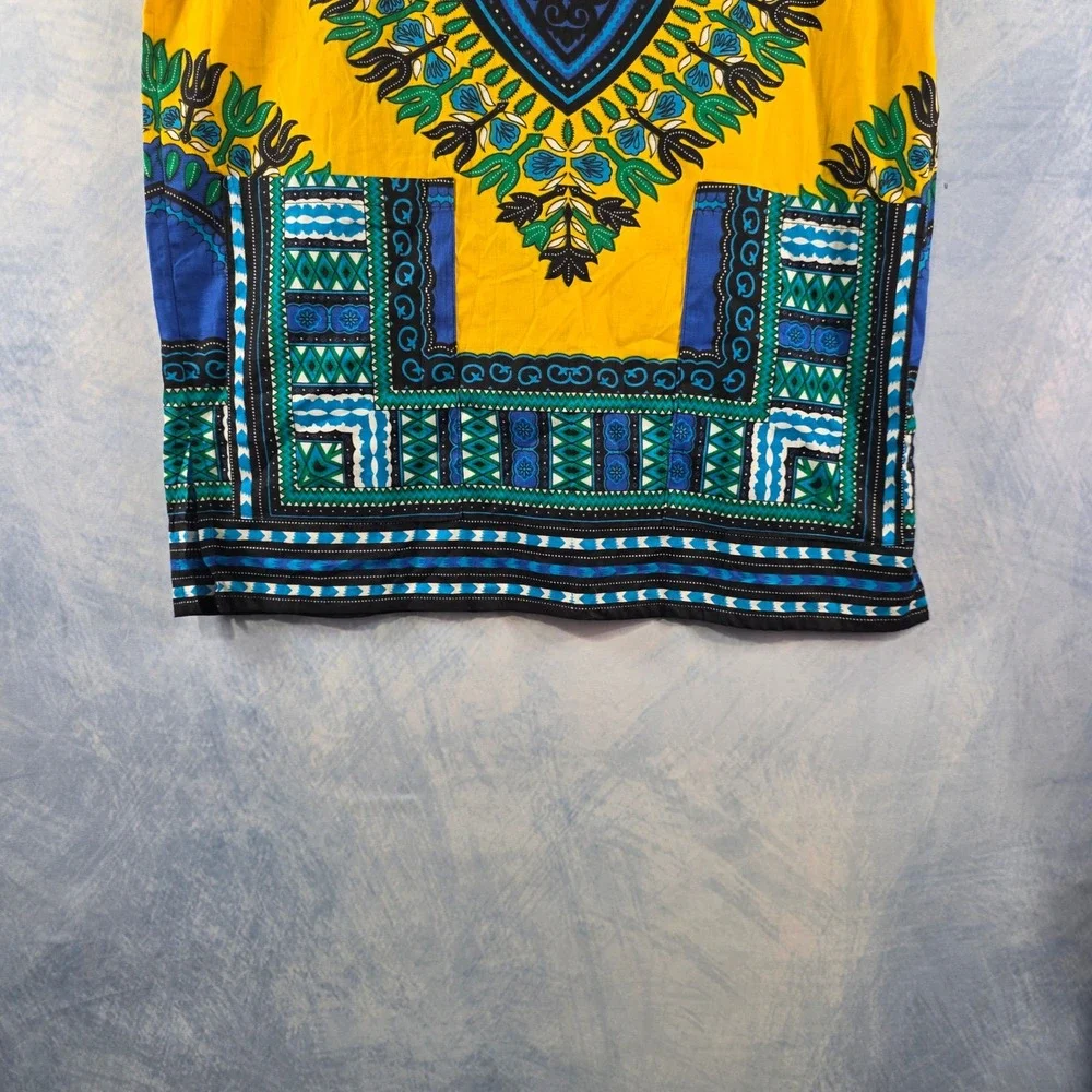 Fresca Mens Dashiki Shirt Yellow Blue African‎ Print Cotton V-Neck Pockets Small
